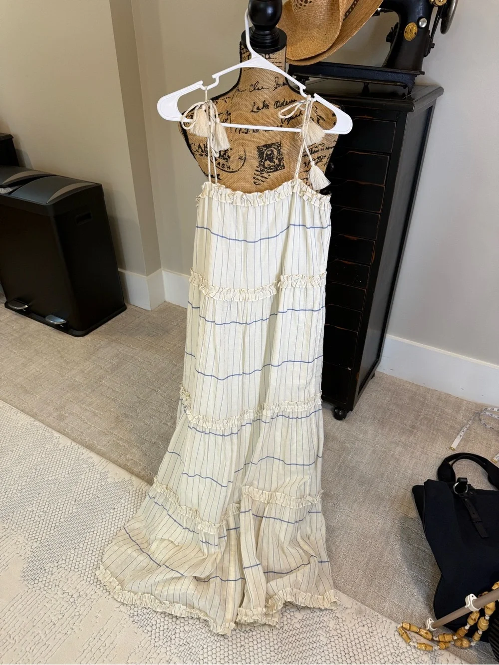 Tory Burch Cream Tiered Maxi Dress with Subtle Stripes